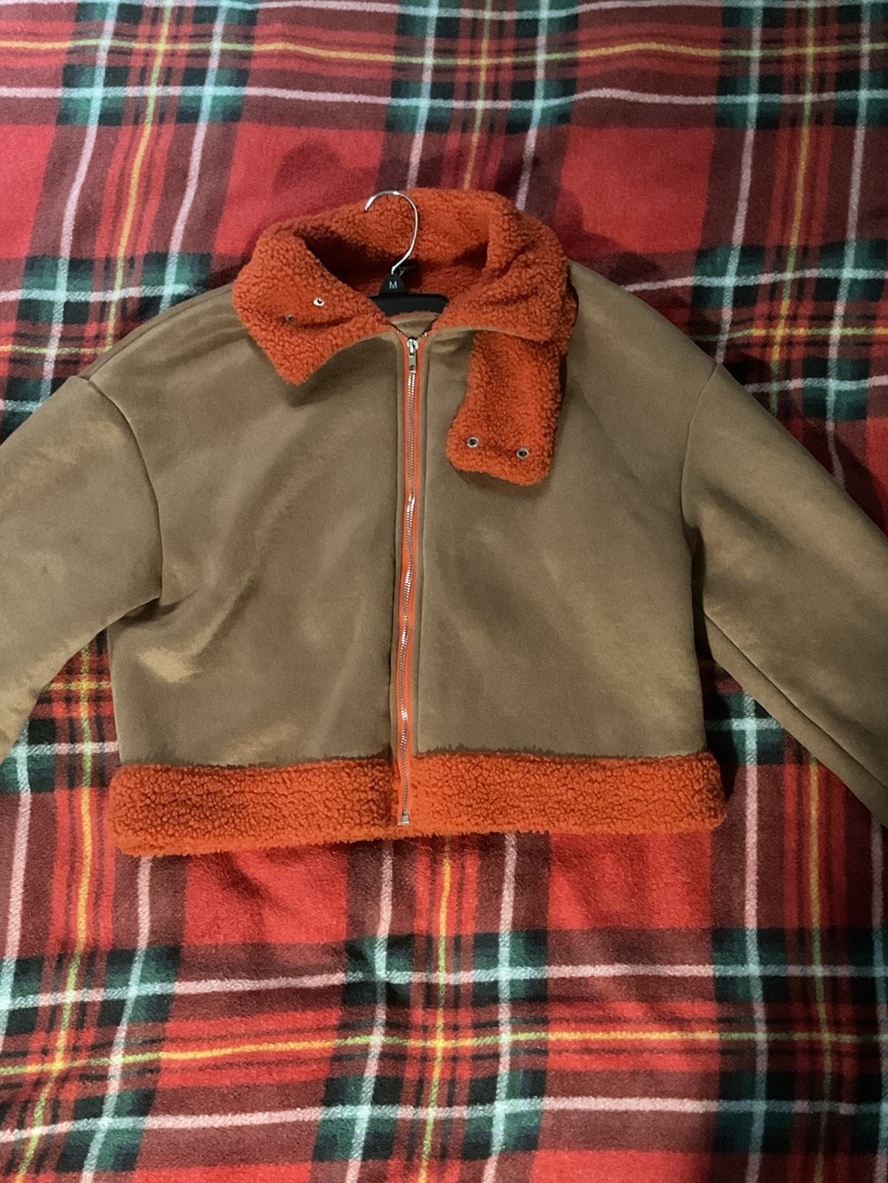 SHEIN Brown Jacket with Orange Sherpa Trim